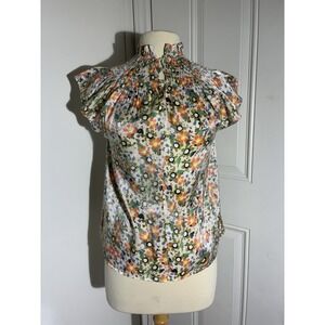 Women's Moodie Floral Smocked Neck Blouse XS Boho Cottagecore Flutter Sleeve Top